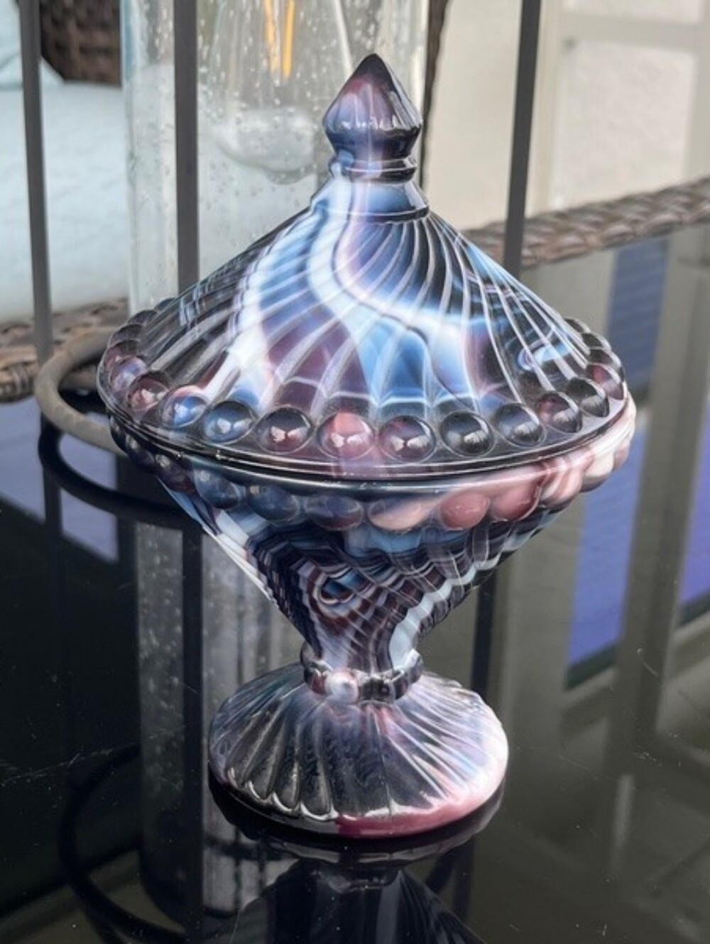 Westmoreland Swirl & Ball Purple & White Slag Glass Covered Candy Dish EUC